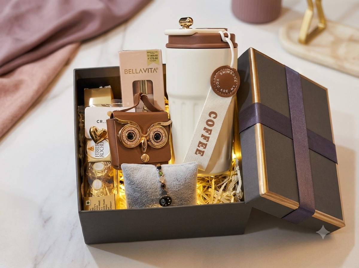 Hamparra keepsake gift box with an insulated coffee tumbler, fragrance and chocolates