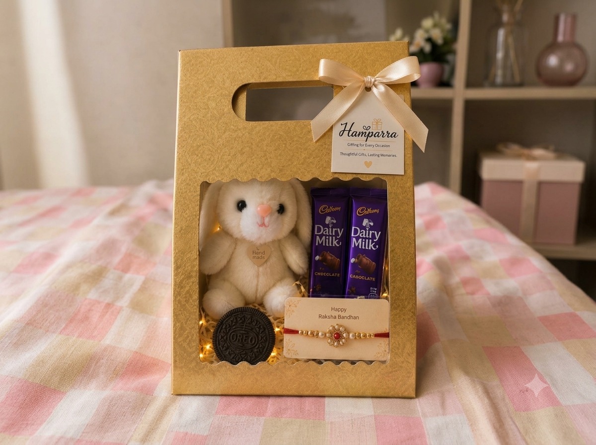 Hamparra Raksha Bandhan gift bag with a plush teddy, chocolates and a traditional rakhi