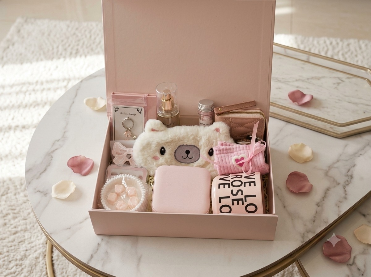 Hamparra blush self-care gift box with plush eye mask, fragrance and keepsakes