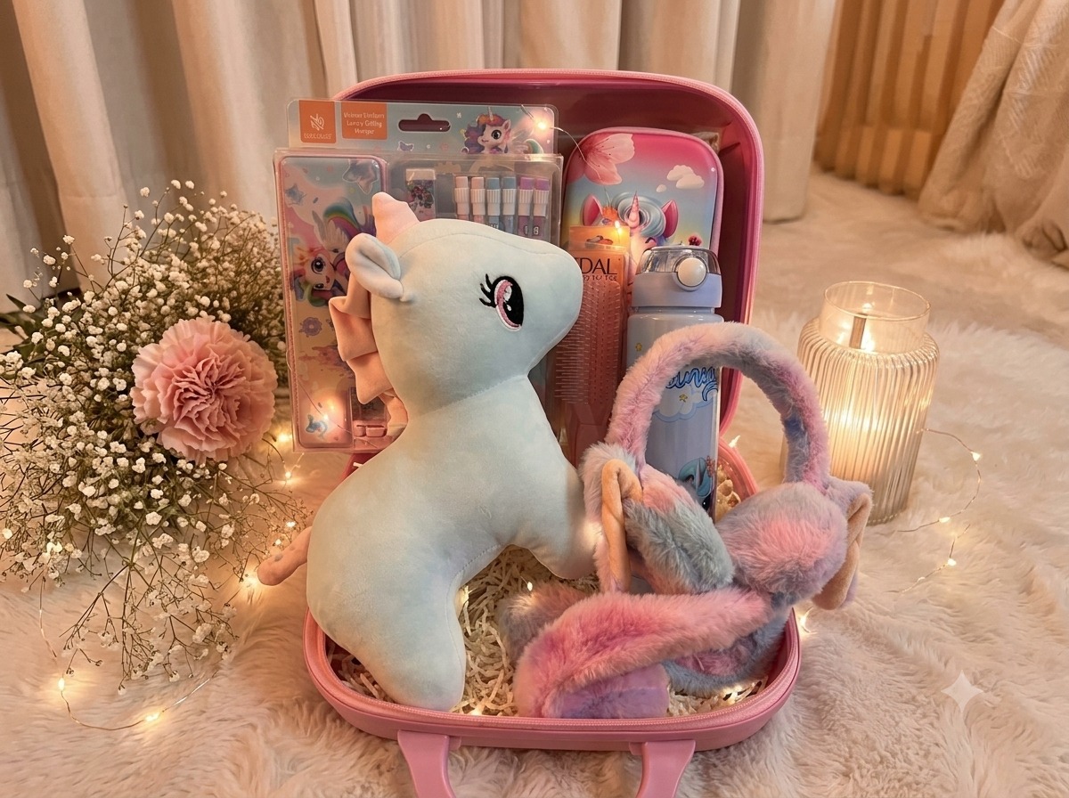 Hamparra pink unicorn kids hamper suitcase with plush, stationery and accessories